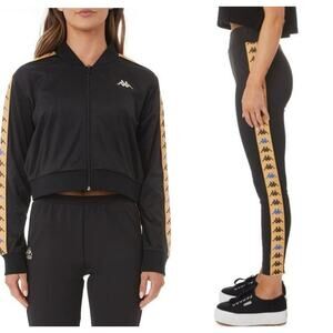 Kappa 222 Banda Osbar Track Jacket & Leggings Set Womens Sz XS Black Cropped Zip